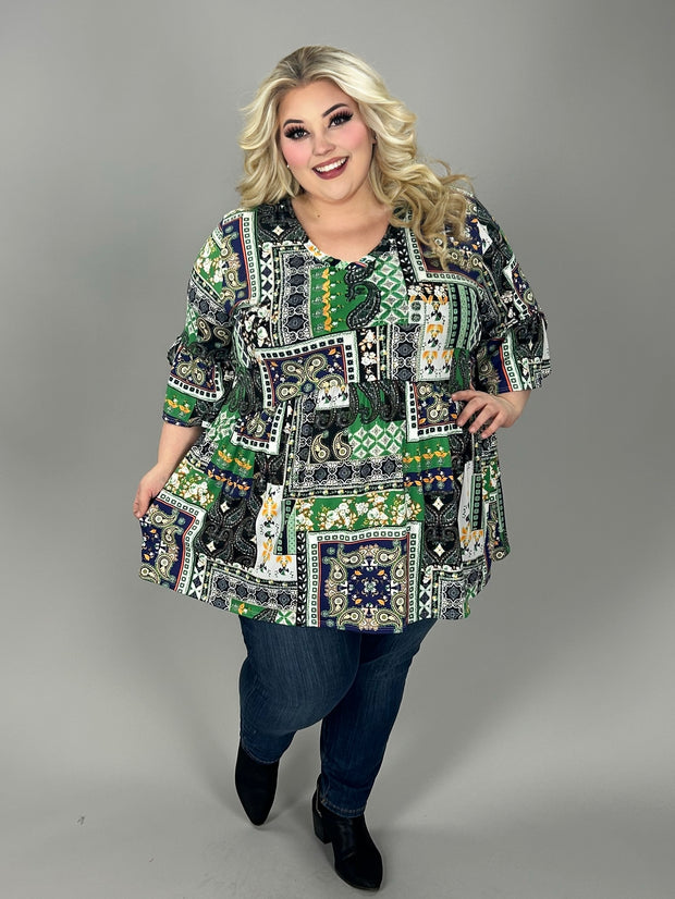 70 PSS {Unique Perspective} Green Patchwork Babydoll V-Neck Top  EXTENDED PLUS 3X 4X 5X