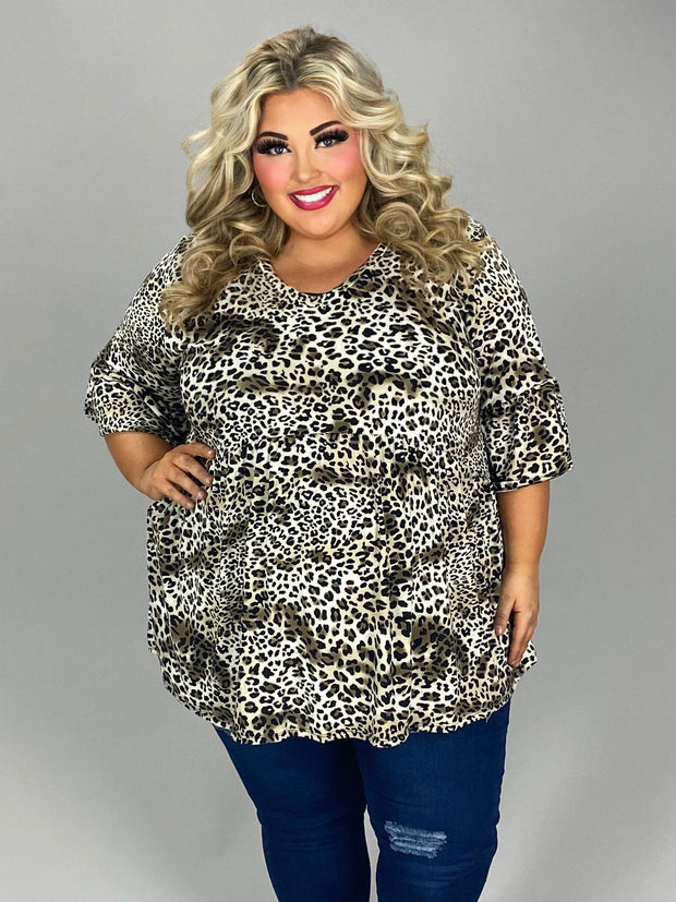 36 PSS-J {Embrace The Wild} Brown Leopard Babydoll Top EXTENDED PLUS SIZE 3X 4X 5X