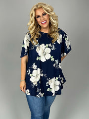 95 PSS {Blossoms Are Here} Navy Floral Rounded Hem Top PLUS SIZE XL 2X 3X