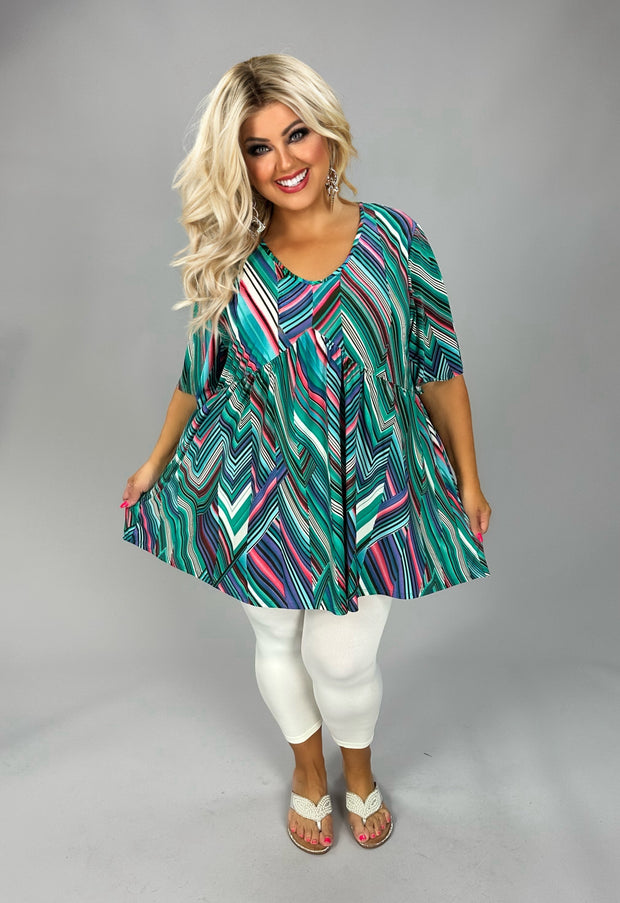 100 PSS {Classic Feels} Green Multi Chevron Babydoll Top EXTENDED PLUS SIZE 3X 4X 5X