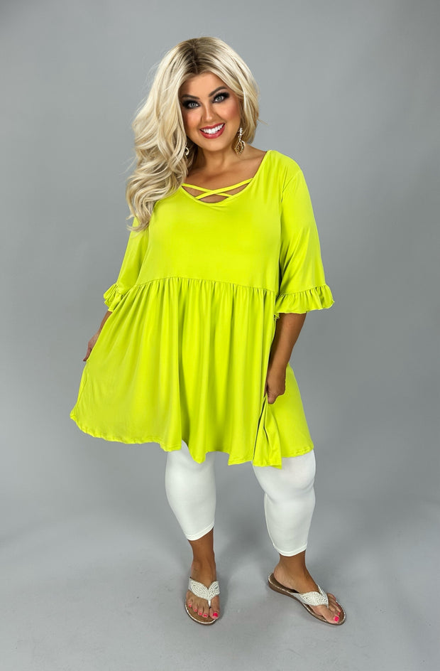 100 SSS {There Is Hope} Lime Cross Neck Ruffle Sleeve Tunic EXTENDED PLUS SIZE 3X 4X 5X