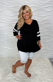 69 CP-R {Pleasantly Surprised} Black V-Neck Top w/Striped Sleeve PLUS SIZE XL 2X 3X