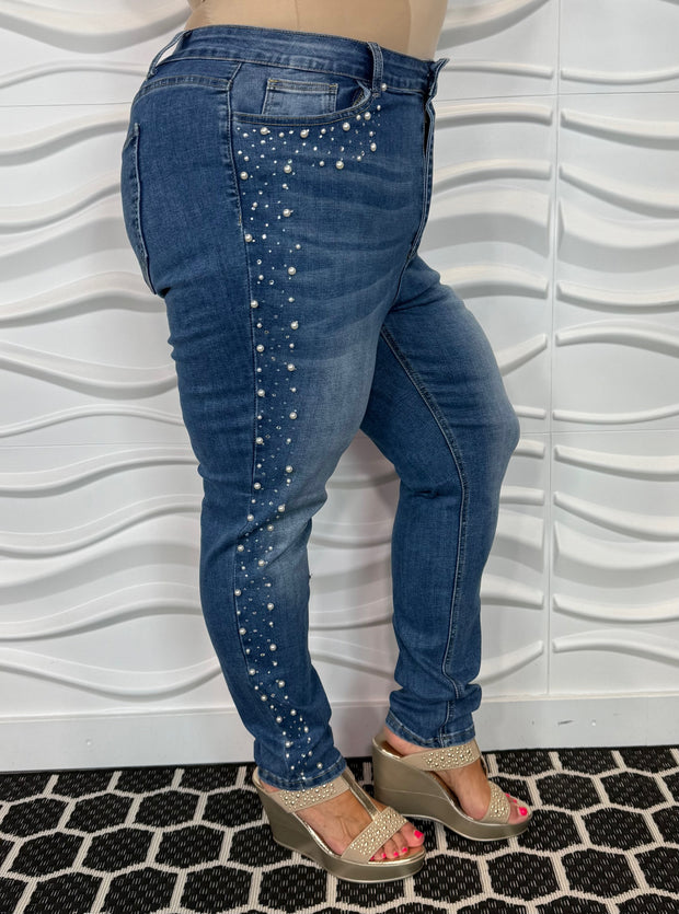LEG-60 {Mindful Muse} VOCAL Denim  Acid Washed Pearl Embellished Jeans PLUS SIZE XL 2X 3X
