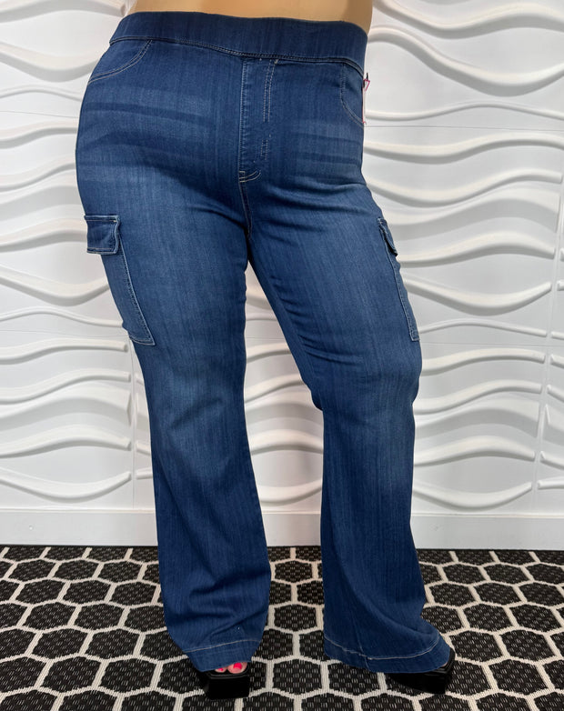 BT {Ms. Cello} Dark Denim Flared Cargo Jeggings