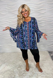 100 PQ {Tribal Notes} Royal Blue Tribal Print Top EXTENDED PLUS SIZE 2X 3X 4X  TRUE TO SIZE!!