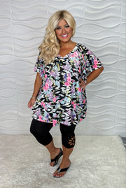 100 PSS {Veranda Views} Black Pink Floral Flutter Sleeve Top EXTENDED PLUS SIZE 2X 3X 4X TRUE TO SIZE!!