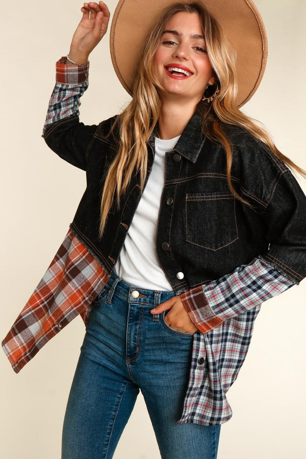 45  OT {Midnight Wish} Black Denim Plaid Print Jacket PLUS SIZE XL 2X 3X