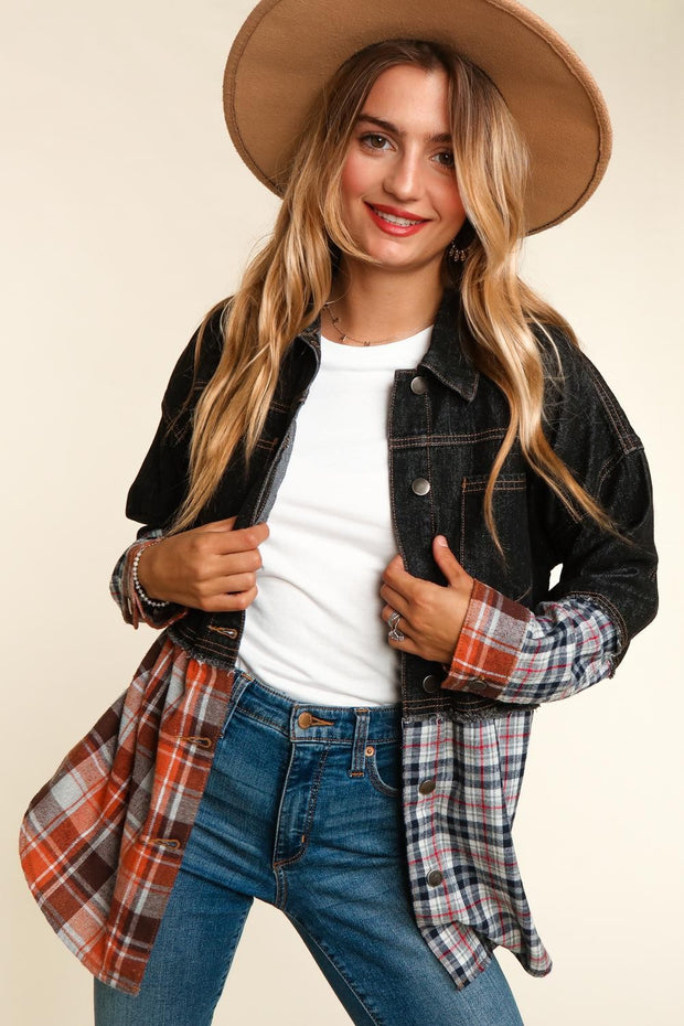 45  OT {Midnight Wish} Black Denim Plaid Print Jacket PLUS SIZE XL 2X 3X