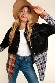 45  OT {Midnight Wish} Black Denim Plaid Print Jacket PLUS SIZE XL 2X 3X
