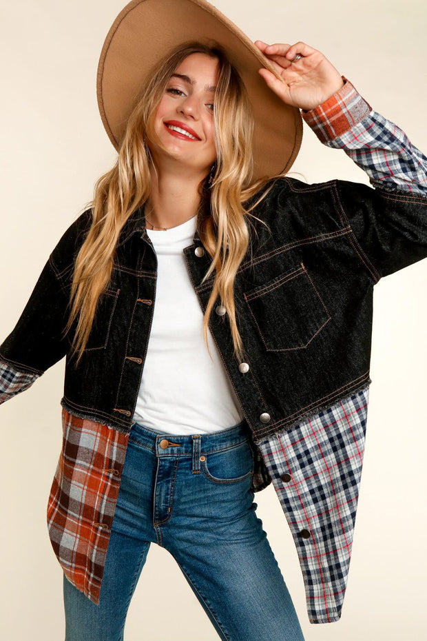 45  OT {Midnight Wish} Black Denim Plaid Print Jacket PLUS SIZE XL 2X 3X