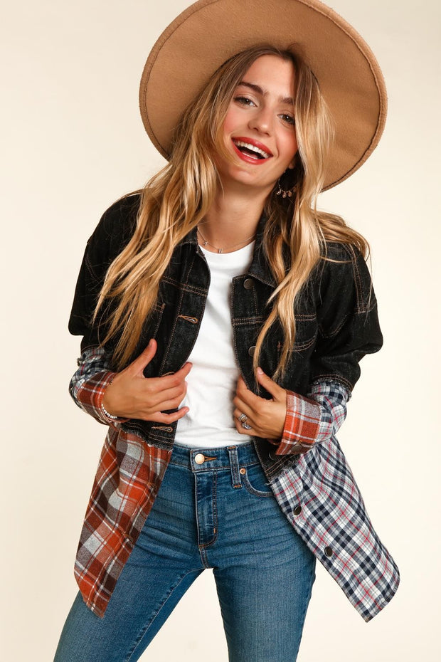 45  OT {Midnight Wish} Black Denim Plaid Print Jacket PLUS SIZE XL 2X 3X