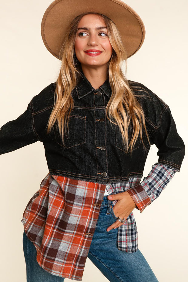 45  OT {Midnight Wish} Black Denim Plaid Print Jacket PLUS SIZE XL 2X 3X