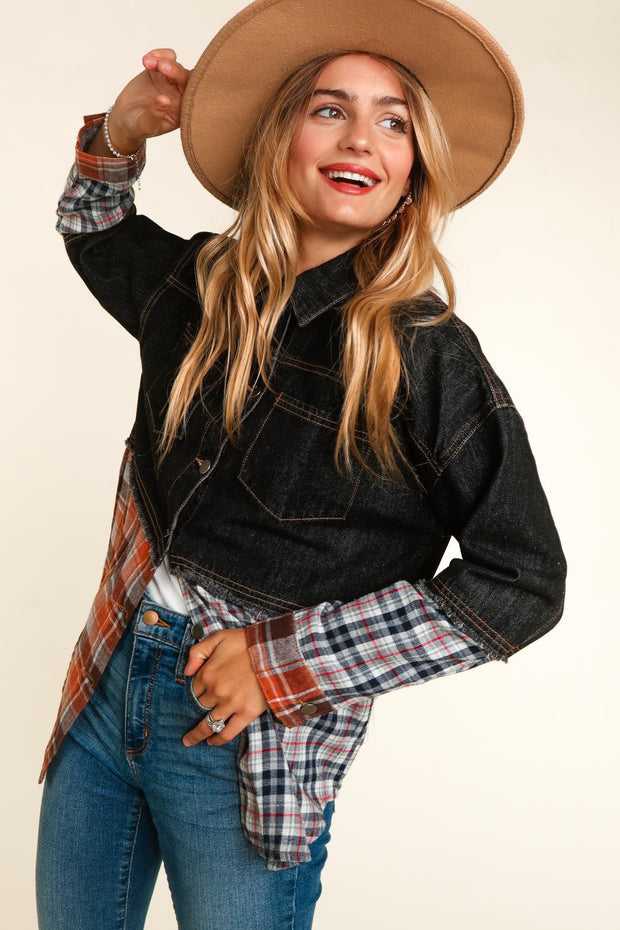 45  OT {Midnight Wish} Black Denim Plaid Print Jacket PLUS SIZE XL 2X 3X