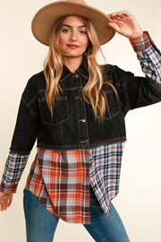 45  OT {Midnight Wish} Black Denim Plaid Print Jacket PLUS SIZE XL 2X 3X