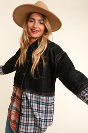 45  OT {Midnight Wish} Black Denim Plaid Print Jacket PLUS SIZE XL 2X 3X