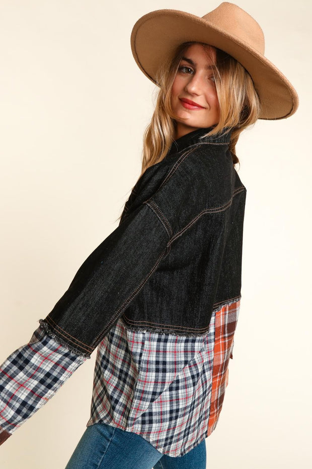 45  OT {Midnight Wish} Black Denim Plaid Print Jacket PLUS SIZE XL 2X 3X