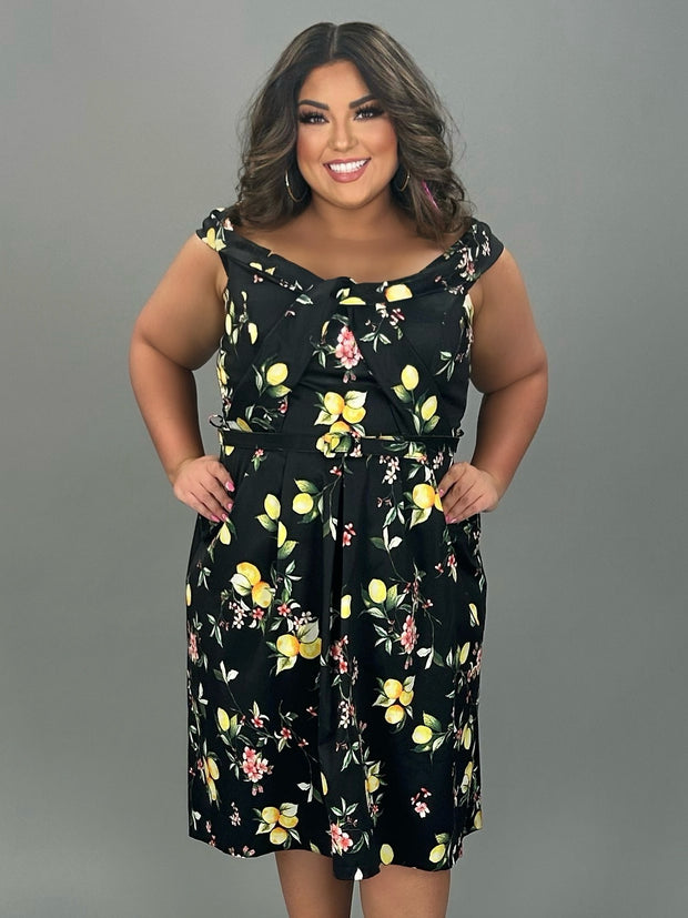 OS  M-109 {City Chic} Black Lemon Print Dress PLUS SIZE