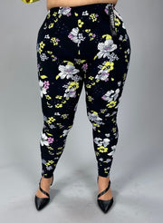 LEG-43 Black Leggings with White, Yellow  & Pink Floral Print Plus Size