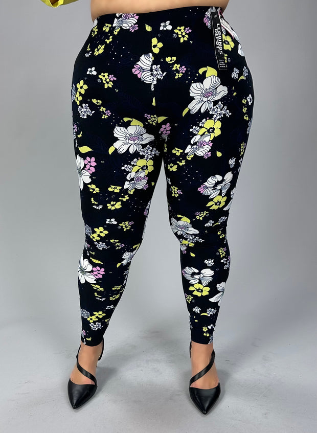 LEG-43 Black Leggings with White, Yellow  & Pink Floral Print Plus Size