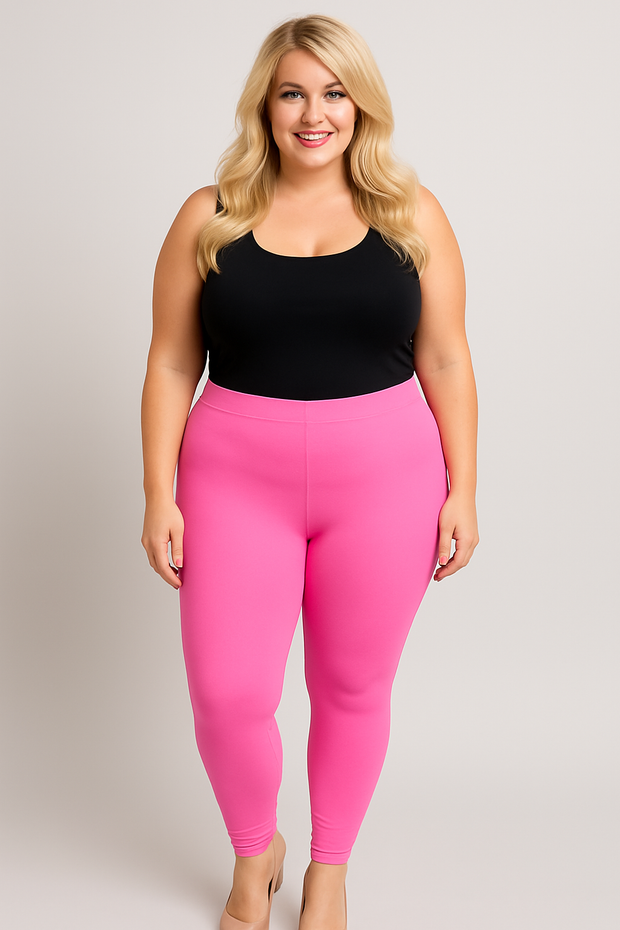 LEG-27 {Pursuit Of Comfort} Neon Fuchsia Full Length Leggings EXTENDED PLUS SIZE