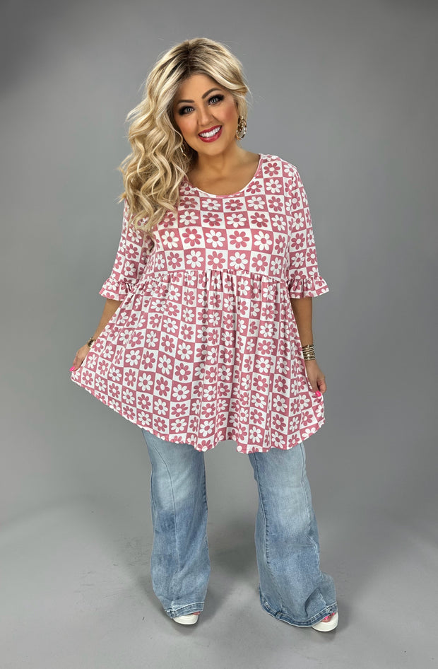 48 PSS {Be My Sweetie} Mauve/Ivory  Babydoll Tunic PLUS SIZE 1X 2X 3X