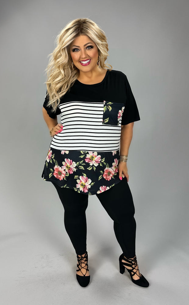31 CP {Striped Beauty} Black/Ivory Stripe Floral Print Top PLUS SIZE 3X