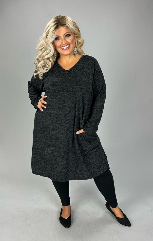 56 SLS-L {Crazy Cozy} Heather Black V-Neck Dress PLUS SIZE 1X 2X 3X