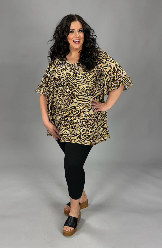 100 PSS {My Kind Of Wild} Tan Animal Print Shirred Hem Top EXTENDED PLUS SIZE 2X 3X 4X  TRUE TO SIZE!!