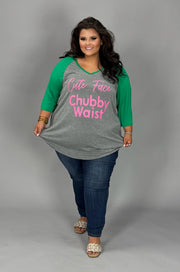 28 GT {Cute Face Chubby Waist} Grey Green Graphic Tee CURVY BRAND!!!  EXTENDED PLUS SIZE XL 2X 3X 4X 5X 6X (May Size Down 1 Size)