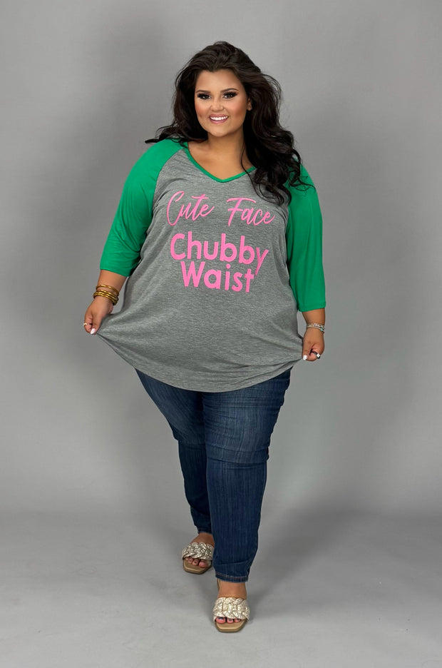 28 GT {Cute Face Chubby Waist} Grey Green Graphic Tee CURVY BRAND!!!  EXTENDED PLUS SIZE XL 2X 3X 4X 5X 6X (May Size Down 1 Size)