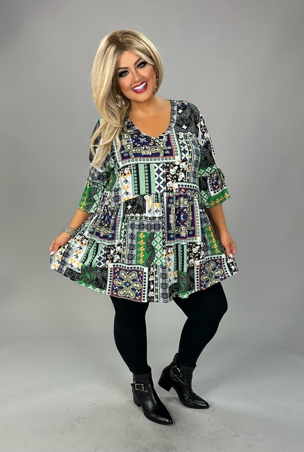 70 PSS {Unique Perspective} Green Patchwork Babydoll V-Neck Top  EXTENDED PLUS 3X 4X 5X