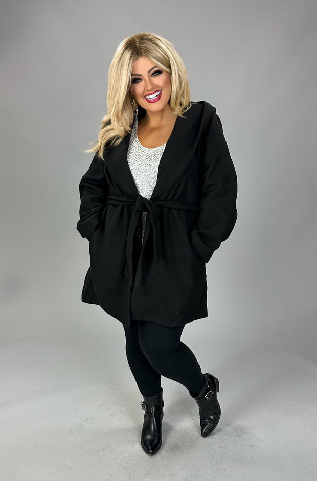 23 OT {Cold In The Air} Black Hooded Coat With Tie Belt PLUS SIZE 1X 2X 3X