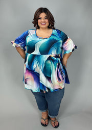 100 PSS {Cool Waves} Blue Multi Wave Print Cross Neck Top EXTENDED PLUS SIZE 3X 4X 5X