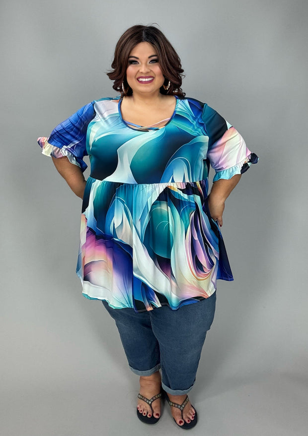100 PSS {Cool Waves} Blue Multi Wave Print Cross Neck Top EXTENDED PLUS SIZE 3X 4X 5X
