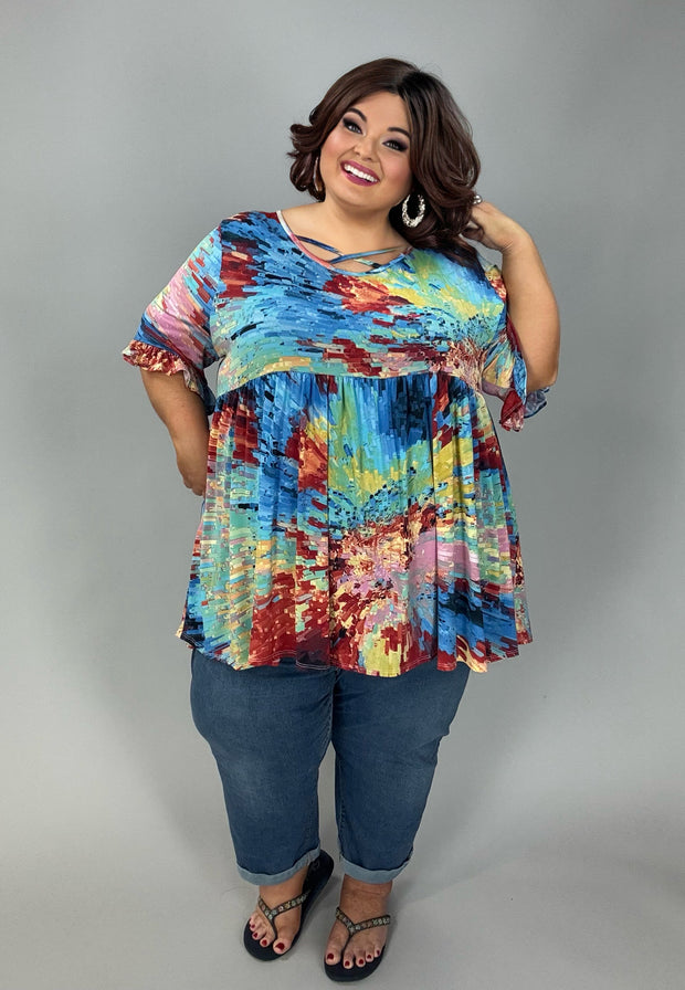 100 PSS {Daydreamer} Red Multi Print Cross. Neck Top EXTENDED PLUS SIZE 3X 4X 5X