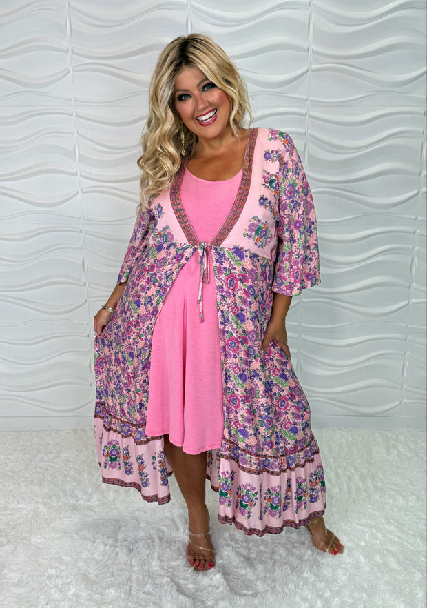 LD-R   {There She Goes} Umgee Pink Mix Floral Kimono PLUS SIZE XL 1X 2X