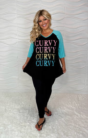 19 GT {Curvy Curvy} Black/Teal Curvy Graphic Tee CURVY BRAND!!  EXTENDED PLUS SIZE XL 2X 3X 4X 5X 6X  (May Size Down 1 Size}