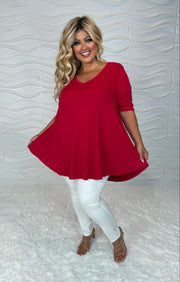 35 SSS {Red Hot} Red V-Neck Rounded Hem Top EXTENDED PLUS SIZE 3X 4X 5X