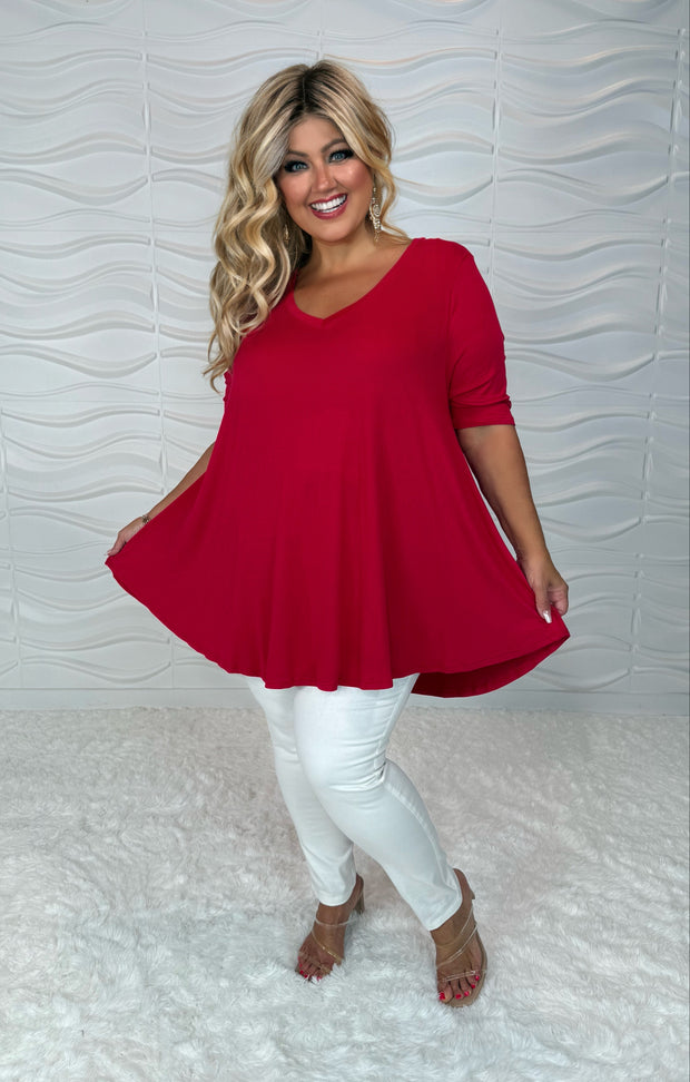 35 SSS {Red Hot} Red V-Neck Rounded Hem Top EXTENDED PLUS SIZE 3X 4X 5X