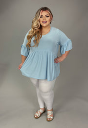 100 SQ {Cool & Casual} Sky Blue Baby Doll Tunic V Neck  Tulip Sleeve EXTENDED PLUS SIZE 3X 4X 5X