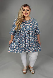 100 PSS {Natural Beauty} Dusty Blue Floral Cross Neck Top EXTENDED PLUS SIZE 3X 4X 5X