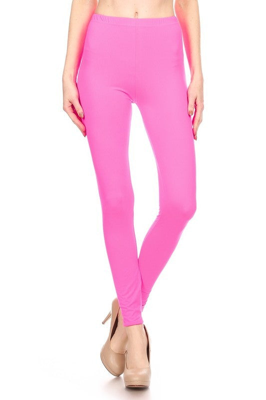 LEG-27 {Pursuit Of Comfort} Neon Fuchsia Full Length Leggings EXTENDED PLUS SIZE