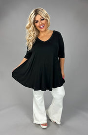 36 SSS {Dark Of Night} Black V-Neck Rounded Hem Top EXTENDED PLUS SIZE 3X 4X 5X