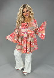 46 PSS {It's Not Over} Coral Patchwork Tie Neck Bell Sleeve Top EXTENDED PLUS SIZE 3X 4X 5X