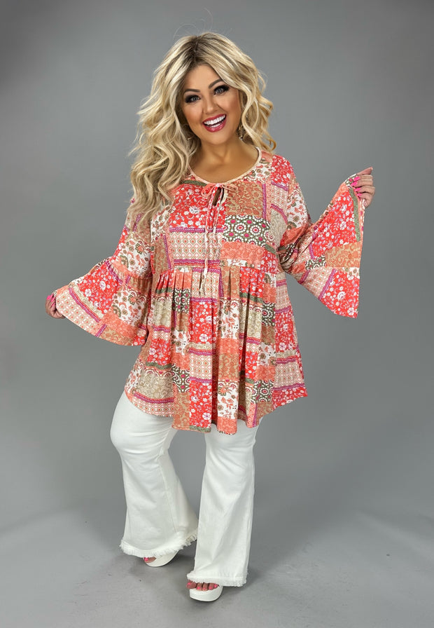 46 PSS {It's Not Over} Coral Patchwork Tie Neck Bell Sleeve Top EXTENDED PLUS SIZE 3X 4X 5X