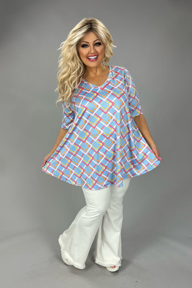 51 PSS {Made A Promise} Blue Square Print V-Neck Top EXTENDED PLUS SIZE 3X 4X 5X