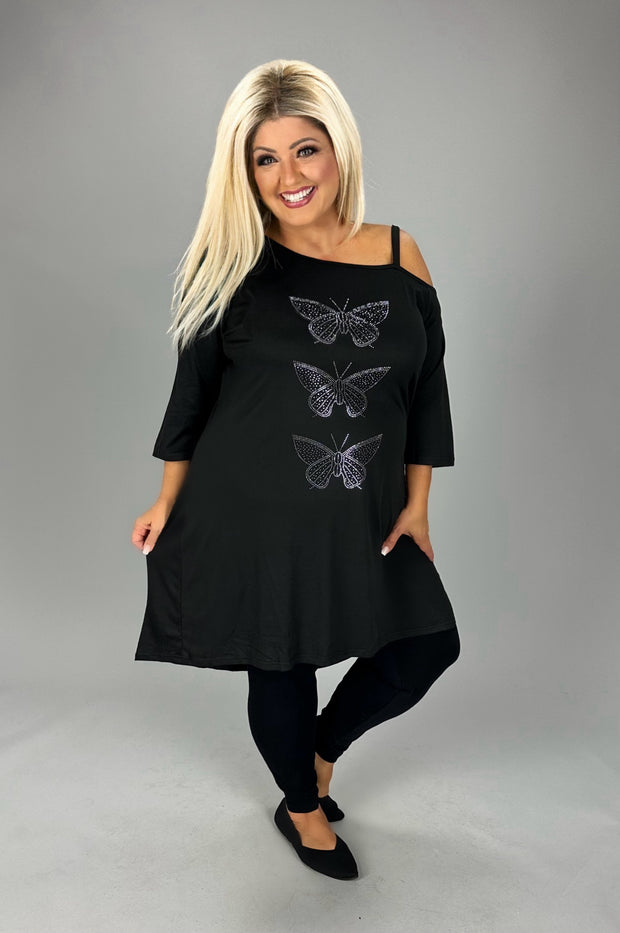 OS Black One Shoulder 3 Butterfly Print Tunic EXTENDED PLUS SIZE 3X 4X 5X 6X