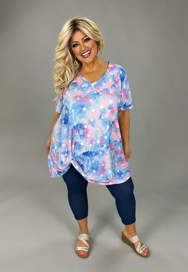 35 PSS {Be A Star} Pink Blue Tie Dye Star Print Knot Hem Top PLUS SIZE 1X 2X 3X