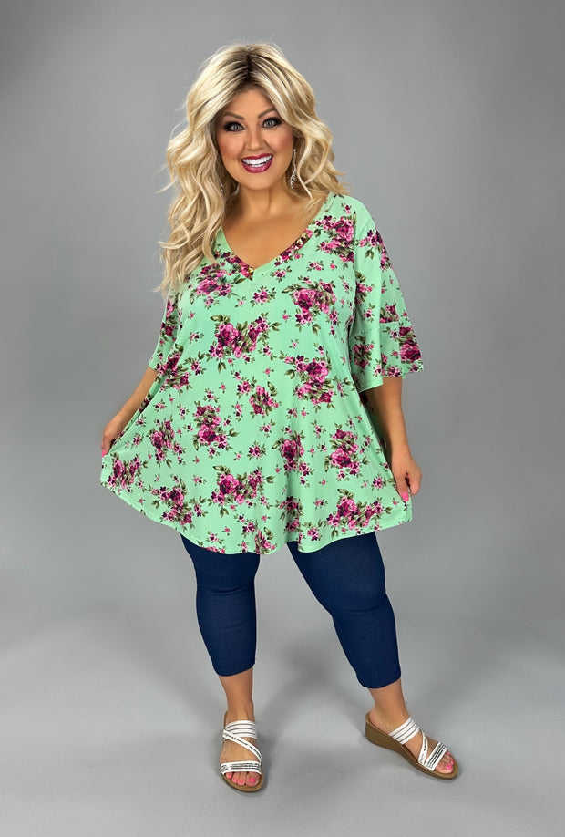48 PSS {Feel The Vibe} Mint Fuchsia Floral V-Neck Top EXTENDED PLUS SIZE 3X 4X 5X 6X
