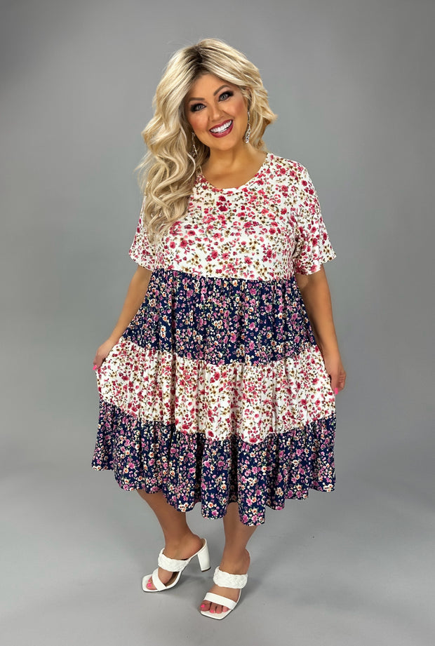42 CP {Happy Days} Ivory Navy Floral Contrast Dress PLUS SIZE 1X 2X 3X